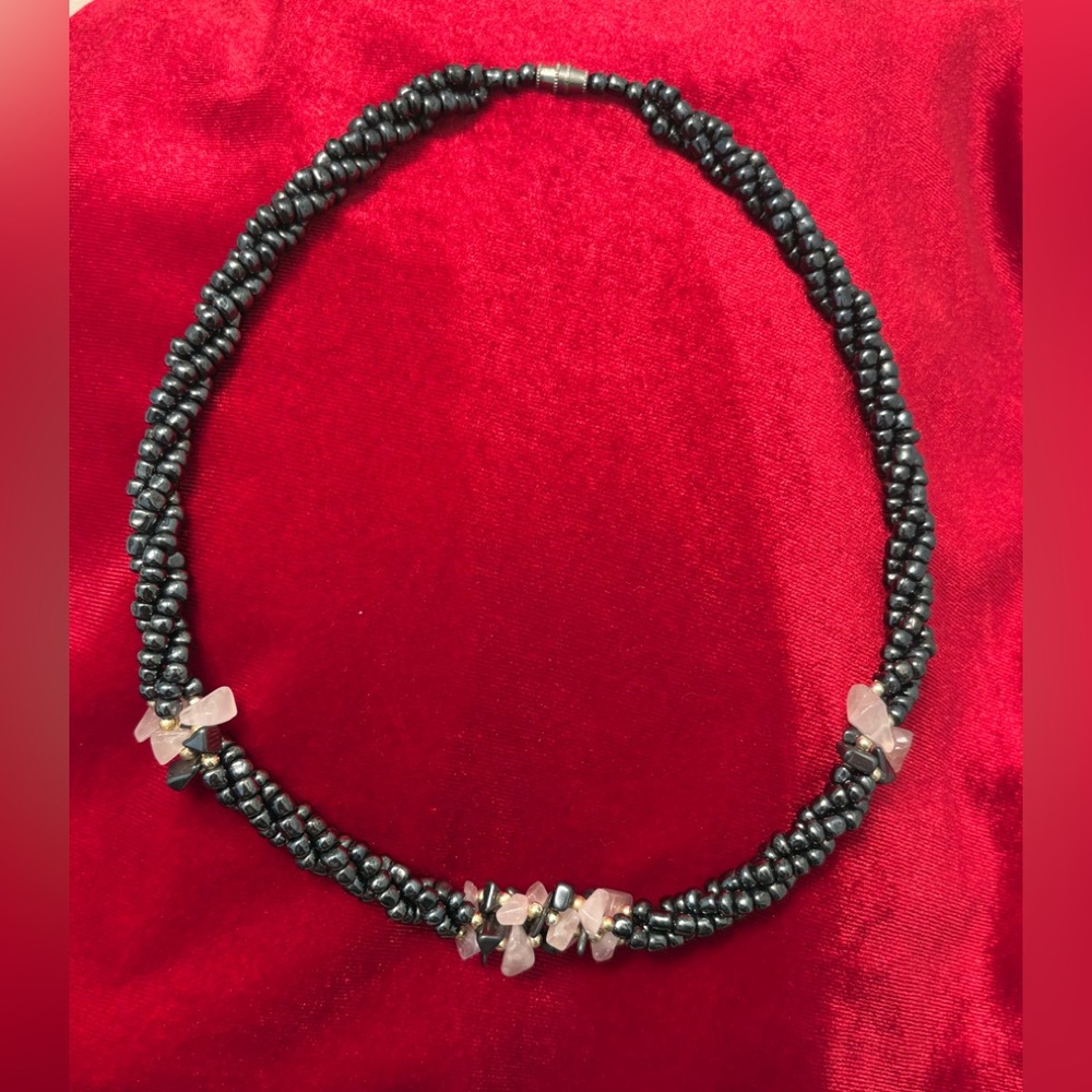VTG Handmade Triple Hematite Necklace with Pink Rose Quartz & silver beads 18”